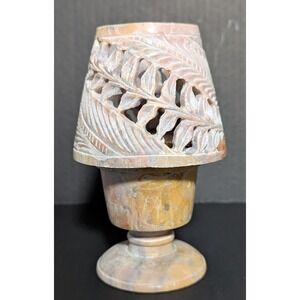 Carved Stone Tealight/Votive Candle‎ Holder and Shade Tones of Browns & Pinks 6"